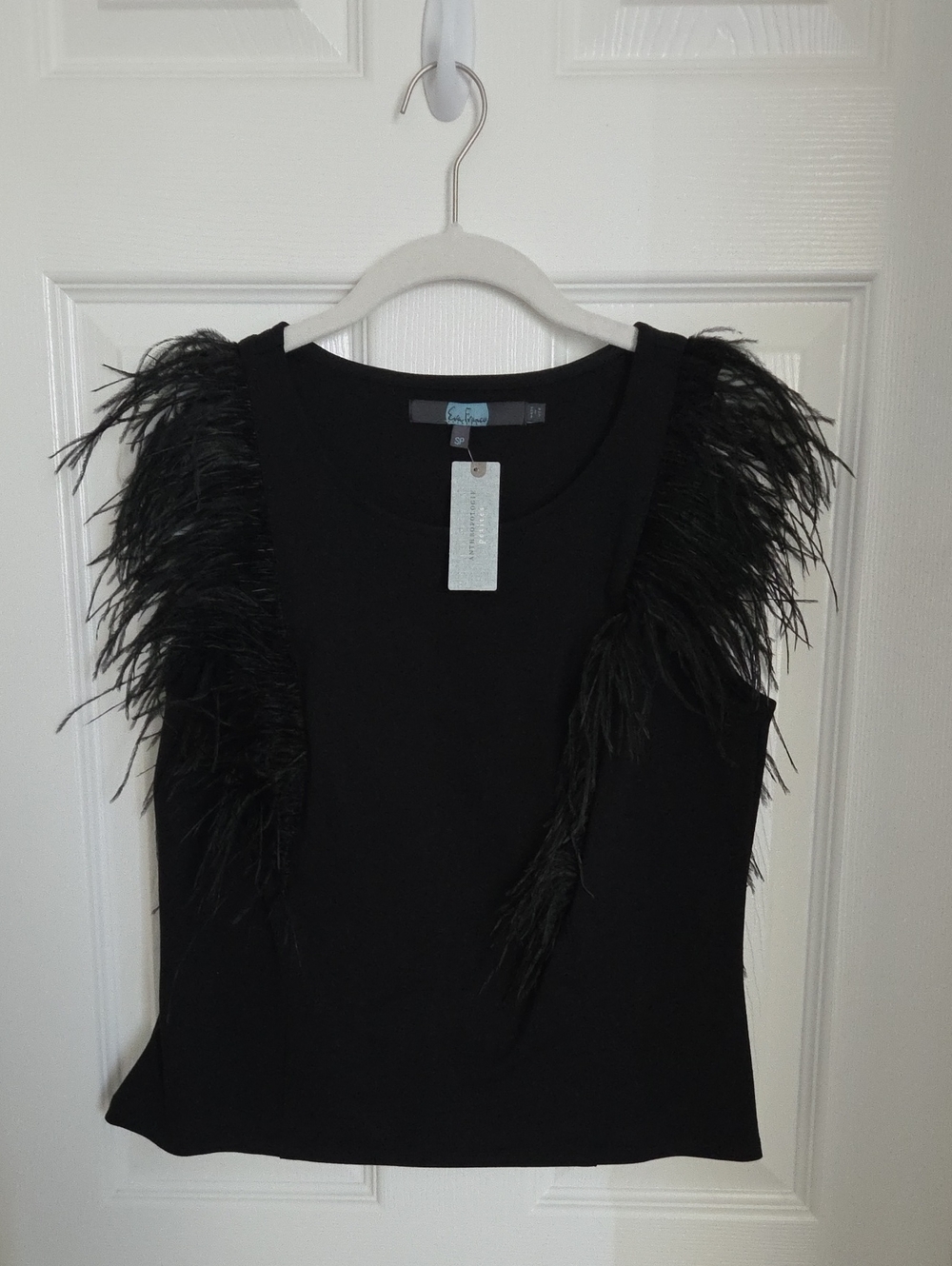 Eva Franco Black Feather-Trim Knit Top. Size SP. NWT